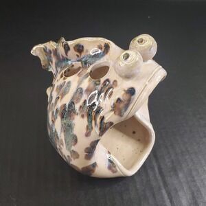 Vintage Spotted Fish Clay Glazed Toothbrush Holder OOAK Artist Signed Funky Face